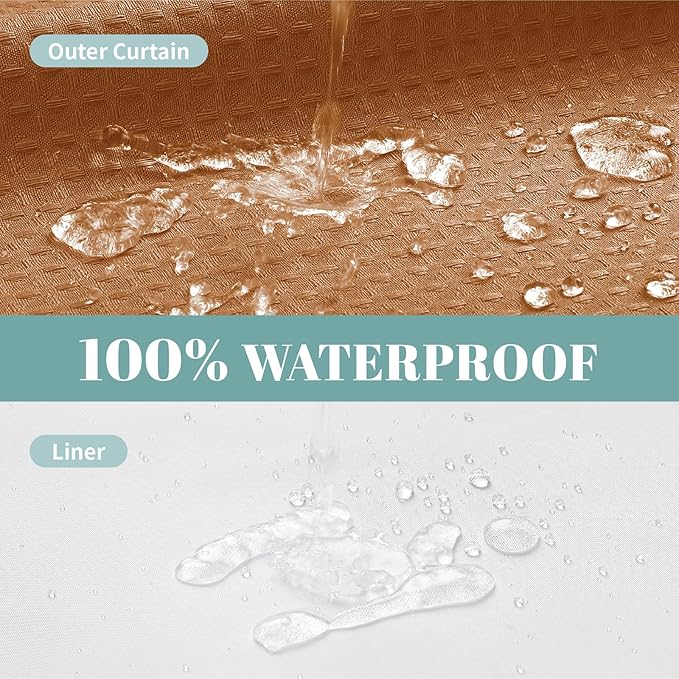 eachope BurntOrange Extra Long No Hook Waffle Weave Shower Curtain with snap-in Liner Replacement, 230GSM Waterproof Fabric Hotel Shower Curtain Set for Bathroom, Through Mesh Top Window,71Wx86H