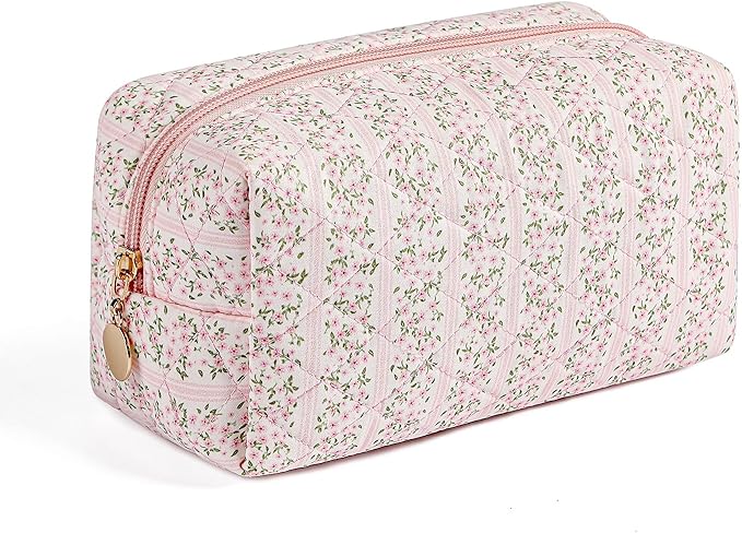 Gleyemor Small Quilted Makeup Bag for Women, Cute Floral Bow Cosmetic Bag, Emergency Bag Travel Toiletry Cotton Pouch Gifts for Girls Her Mom Friend Sister Bridesmaid (Pink Floral)