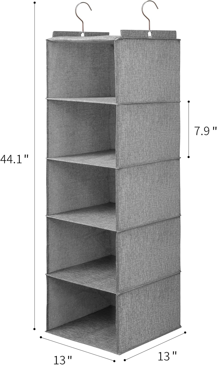 Large Hanging Sweater Organizer for Closet,Collapsible 6-Shelf Hanging Closet Shelves with Drawers, Washable (Grey-5 Shelf-1 d)