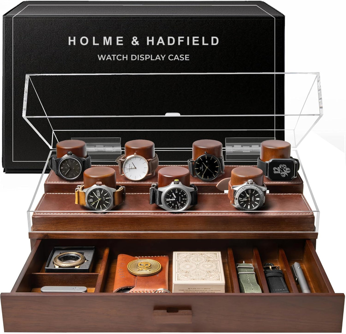 Premium 7 Slot Watch Box for Men - Large Wooden Watch Display Case with Hinged Cover, Leather Lining & Drawer - Watch Holder Organizer Stand - Handcrafted Luxury Christmas Gift for Men
