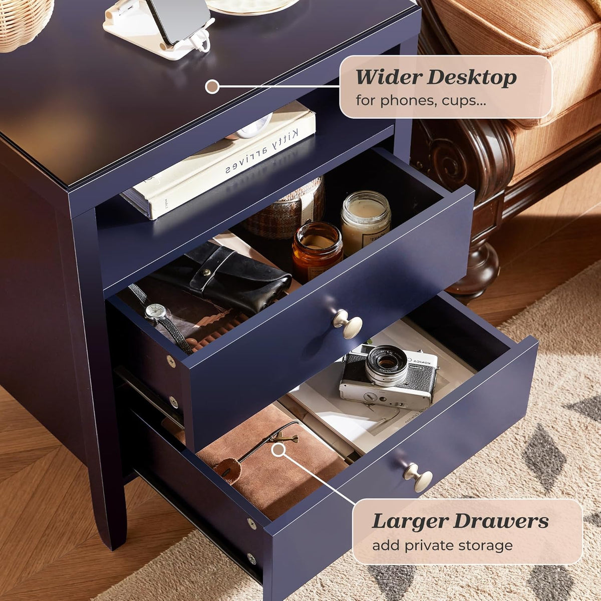 Huuger Nightstand with Charging Station, Blue Nightstand with 2 Drawers, Bed Side Table for Bedroom, Bedside Table with Storage, Modern Nightstands, Metal Knobs, Painted Surface