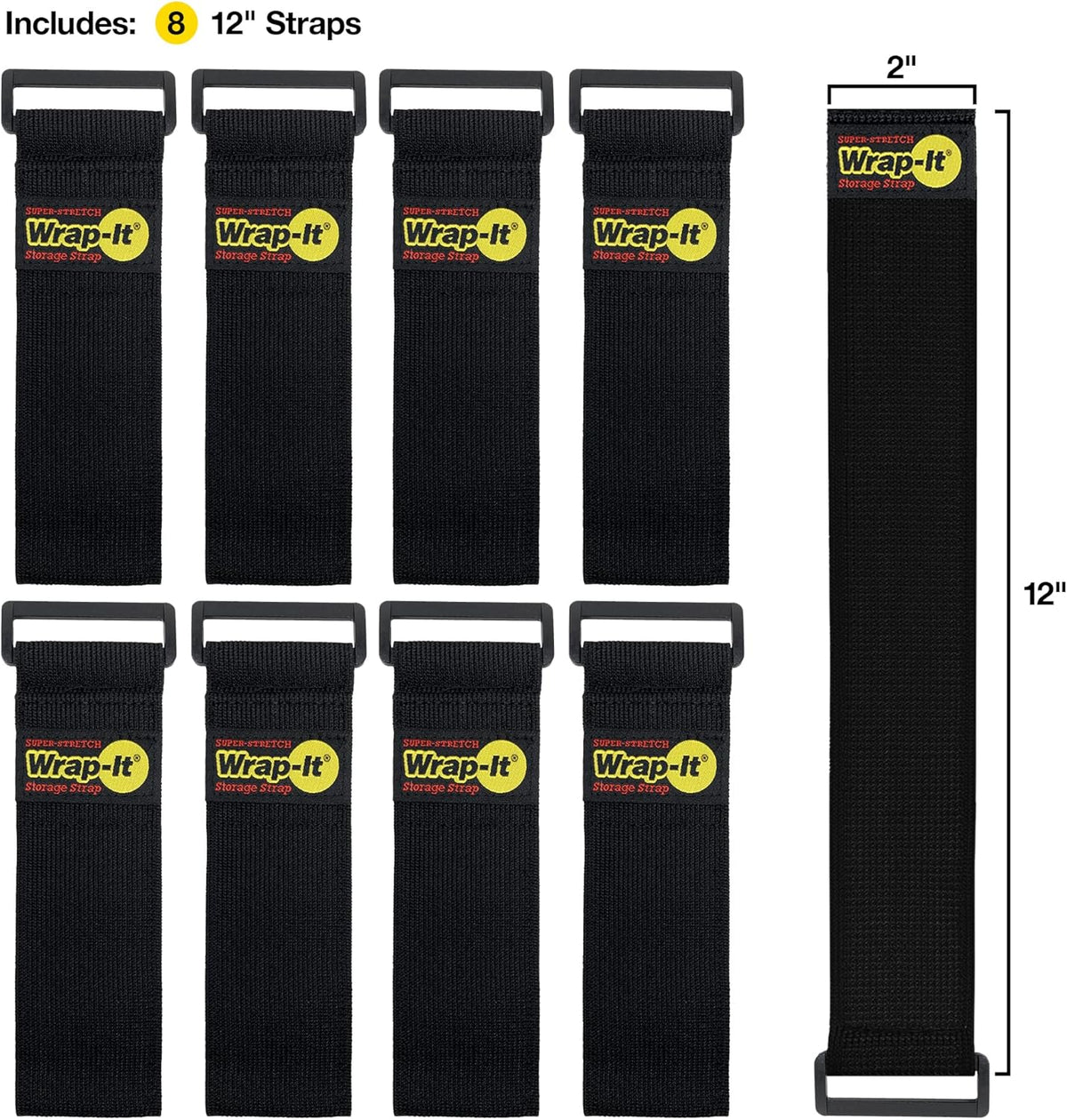 Super-Stretch Wrap-It Storage Straps - 12" (8 Pack) - Elastic Hook and Loop Cinch Straps