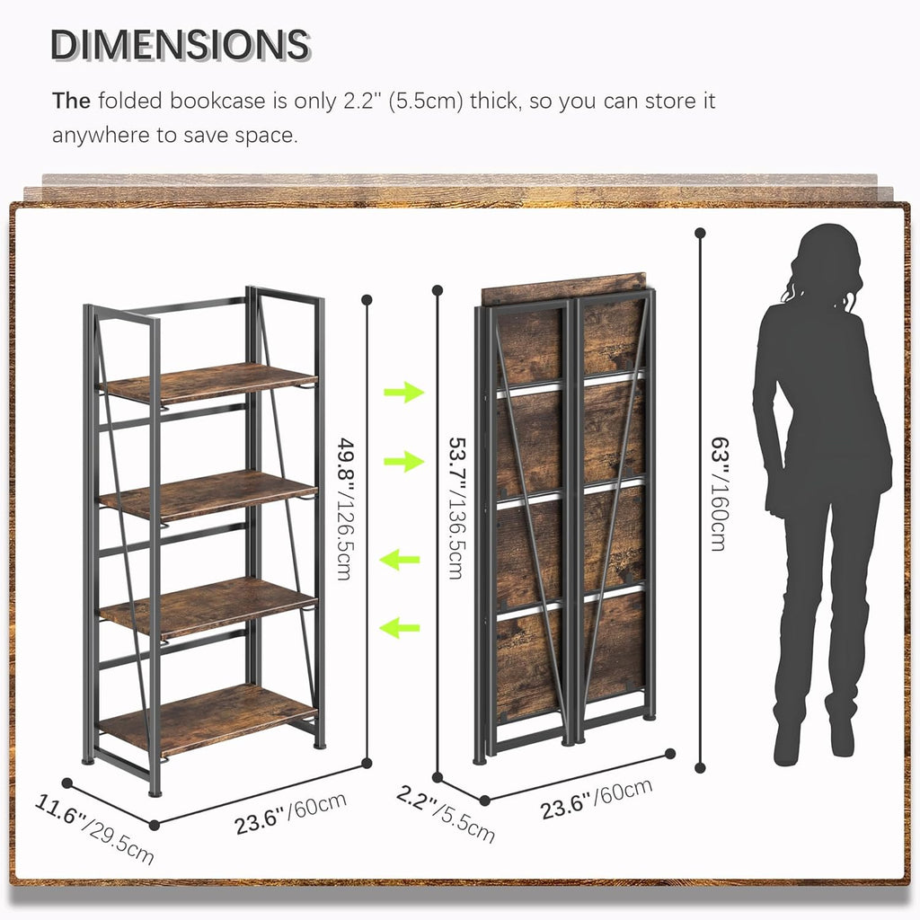 4NM No Assembly Folding Bookshelf Storage Shelves 4 Tiers Vintage Bookcase Standing Racks Study Organizer Home Office (Rustic Brown Black)