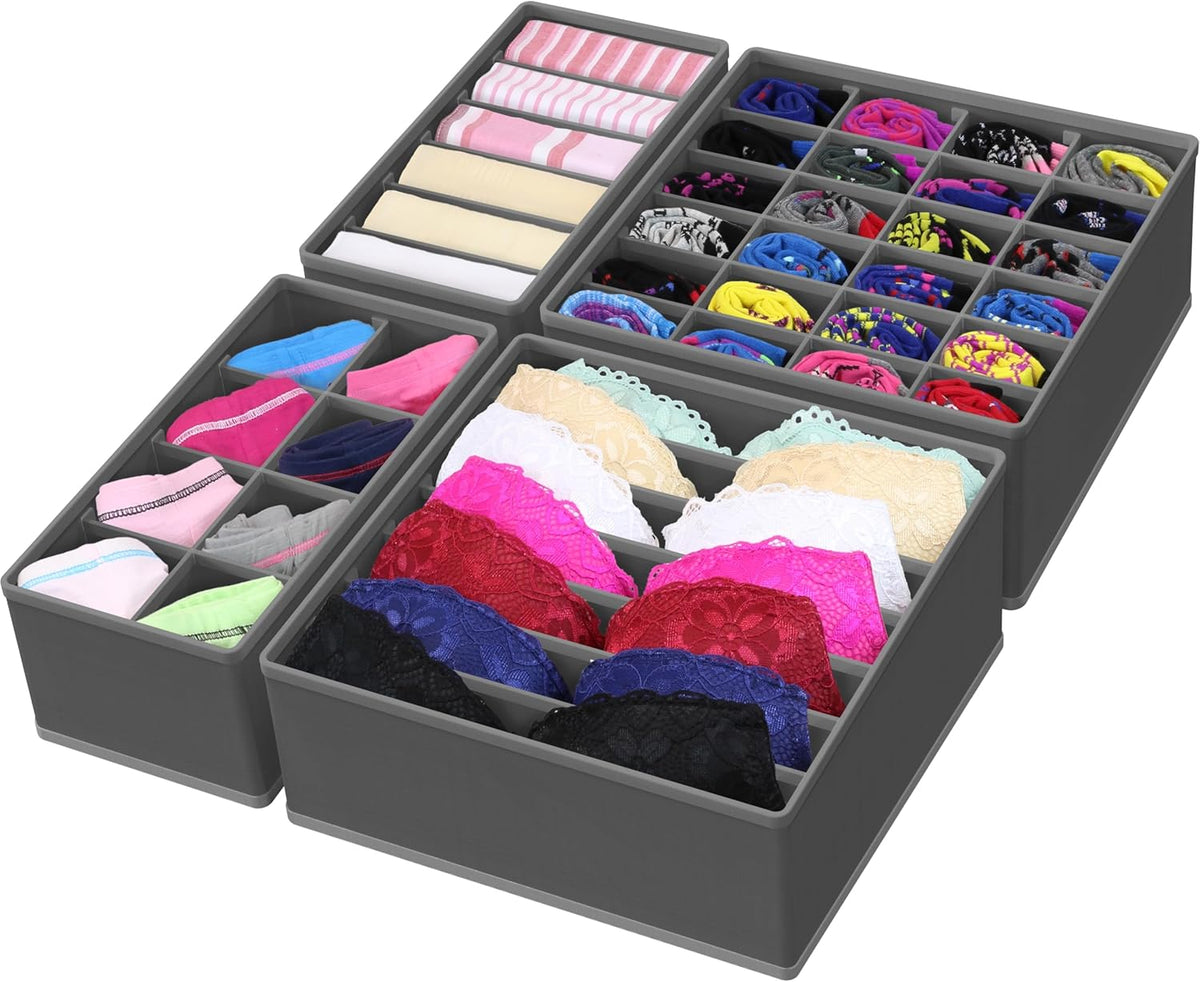 Simple Houseware 4-Pack Drawer Organizer Set - Closet Dividers for Underwear, Socks, Bras, Scarves, Ties - Foldable Non-Woven Storage Boxes, Dark Gray