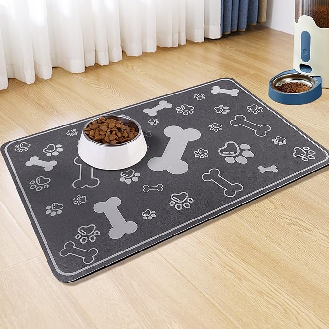 Pet Feeding Mat,Rapid Absorbent Mats for Dog Cat Food, Dog Placemat Water Bowl Mat with Rubber Backing,Messy Drinkers to Protect Floors, Pet Accessories 16"×24" Dark Grey