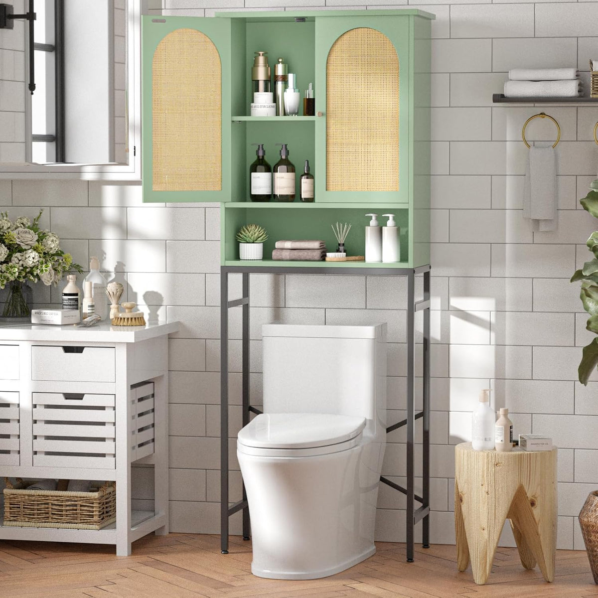 Rattan Over The Toilet Storage Cabinet, Bathroom Organizers and Storage Over Toilet with Rattan Door and Metal Stand, Tall Storage Shelves Above Toilet, Wood Rack for Restroom, Laundry, Foam Green
