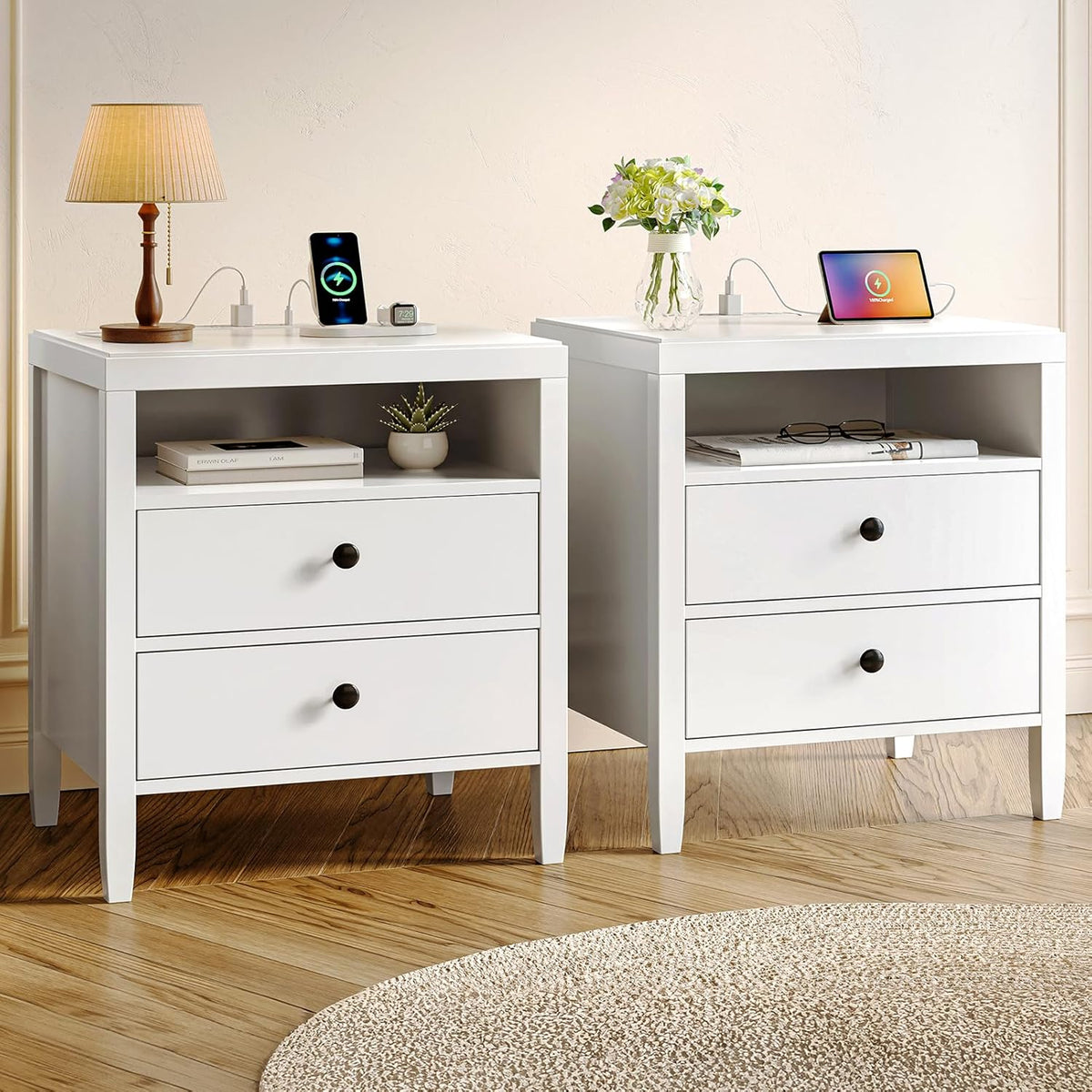 Huuger White Nightstand Set of 2, Night Stand with Charger Station, Bedside Table with 2 Drawers, Bed Side Tables for Bedroom, Modern Nightstands, Metal Knobs, Painted Surface