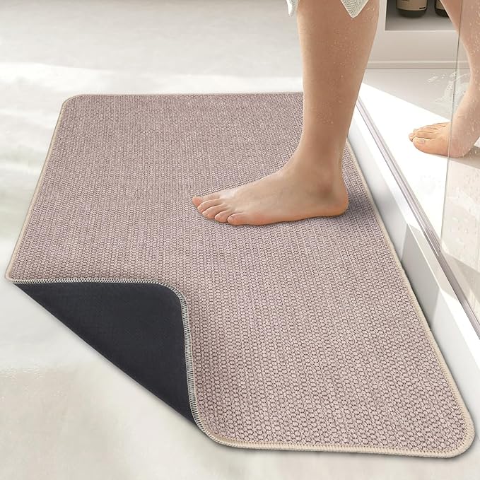 Bath Mat,Ultra Thin Bathroom Runner Rugs,Large Bath Mats for Bathroom,Quick Dry,Non-Slip,Machine Washable,Low Pile,Bath Rug,Shower Outside,Sink,Home Decor Accessories.Beige,1'5"x2'11"（17x35inch）