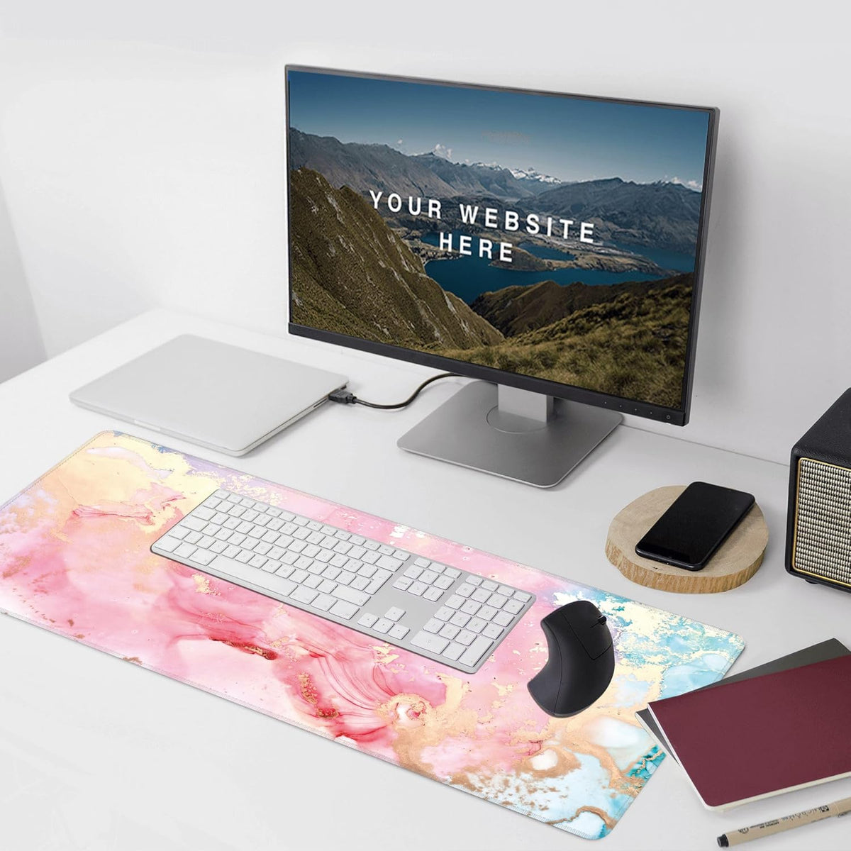 Cute Pink Marble Large Mouse Pad,Gaming Keyboard Desk Pad,Extended Mouse Mat Non-Slip Rubber Base with Stitched Edges for Office Game Home XXL 35.4"x15.7"
