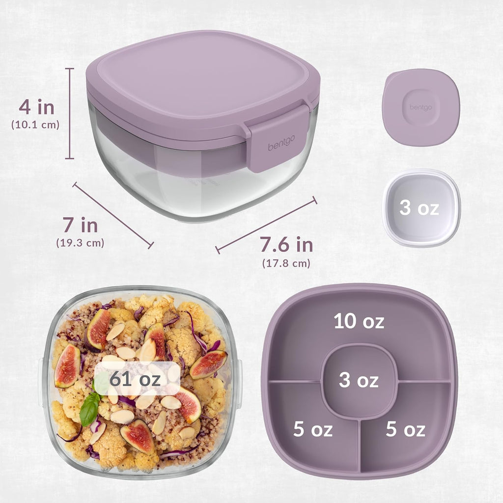Bentgo Glass All-in-One Salad Container - Large 61-oz Salad Bowl with Lid, 4-Compartment Bento-Style Tray, 3-oz Sauce Container, and Reusable Fork - Dishwasher, Microwave, and Oven Safe (Lavender)