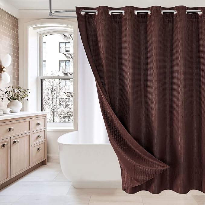 MitoVilla Brown Waffle Long Shower Curtain Liner Set 72 x 80, No Hooks Needed 80 inch Long Heavyweight Fabric Shower Curtain Set with Snap-in Liner for Hotel Grade Spa-Like Bathroom Decor