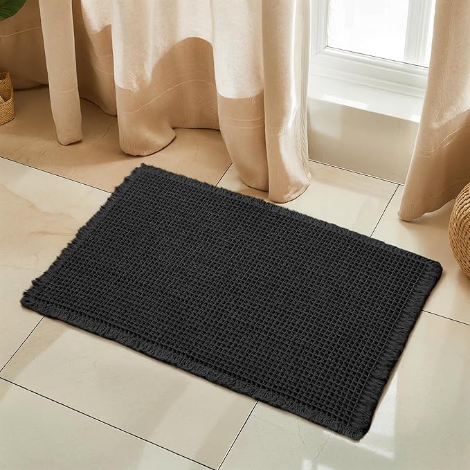 SUBRTEX Waffle Braided Bath Mat, 24" x 36" Soft Waffle Bath Rugs, Absorbent Non Slip Bathrooom Mats, Machine Washable Area Rug for Bathroom, Quick Dry, Black