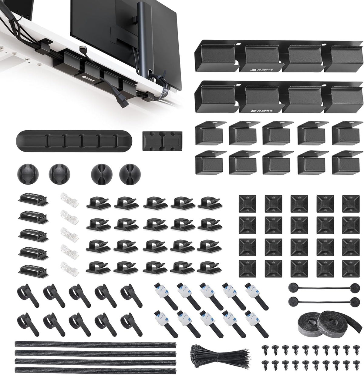 EUREKA ERGONOMIC Cable Management Organizer Kit Cable Raceways 316 PCS, 6 Cable Holder, 4 Cord Sleeve, 60 Wire Clips,2 Roll Self Adhesive Wire Ties, 100 Zip Ties For TV Office Home Under PC Desk,Black