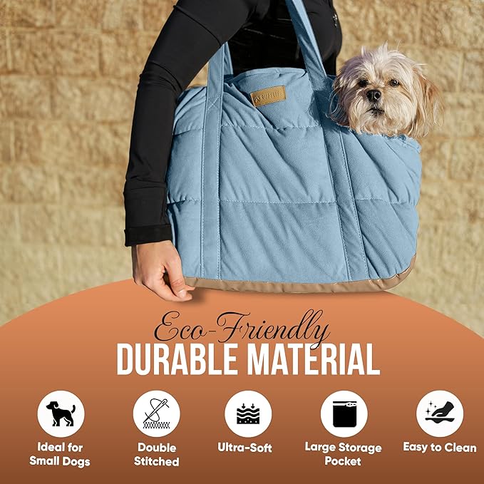 NoblePup Plush Dog Purse Carrier for Small Dogs, Soft Dog Tote Bag with Safety Harness Clip, Cozy Pet Carrier for Dogs Under 15 lbs, Comfortable Dog Shoulder Carrier for Travel, Light Blue