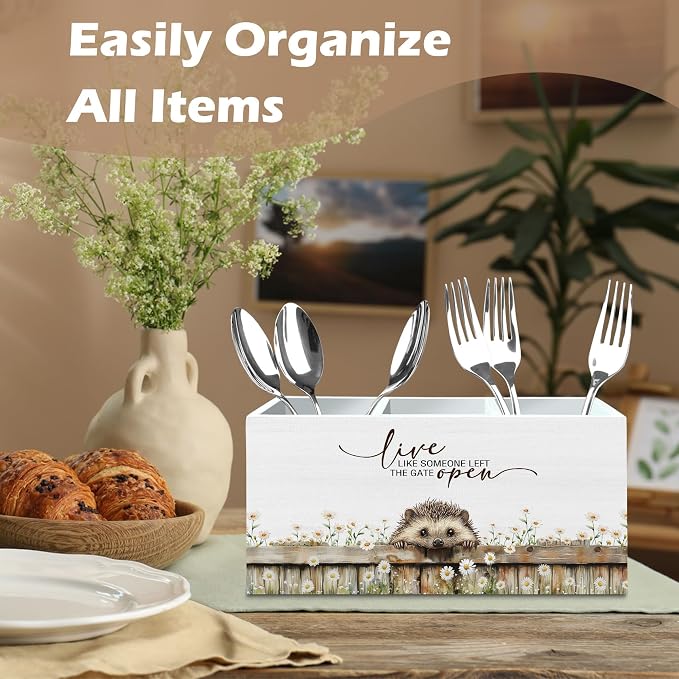 DILSJ Hedgehog Inspirational Pen Pencil Holder Organizer For Desk, Hedgehog Gifts, Rustic Floral Live Like Someone Left The Gate Open Wooden Box Signs For Home Office Desk Tabletop Decoration