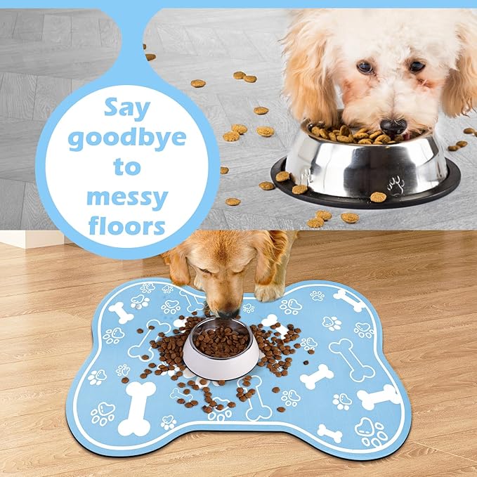 Dog Cat Mat for Food and Water,Rapid Absorbent Pet Feeding Mat, Bone Shaped Dog Placemat Bowl Mat with Rubber Backing,No Stains Pet Food Mats Indoor, Pet Accessories Supplies,Blue 16"×24"
