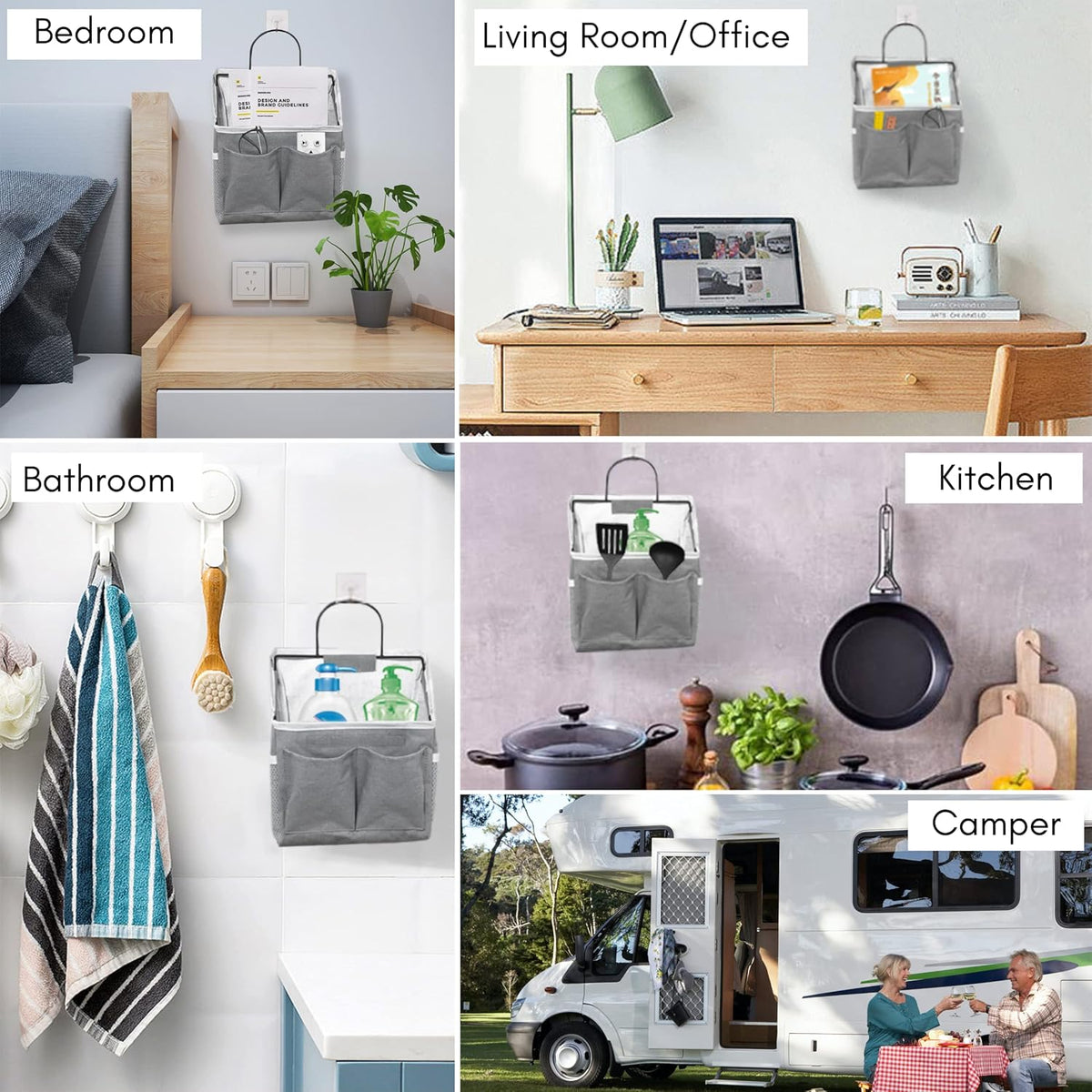 3pcs Small Wall Hanging Organizer Bag, Linen Fabric Door Hanging Storage Basket with Pockets, Waterproof Bin for Kitchen, Bedroom, Office, RV Camper (Gray)