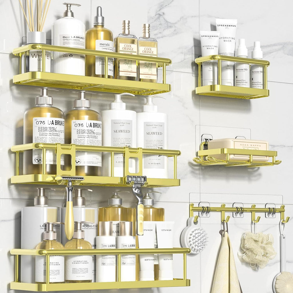 YASONIC Shower Caddy, 6 Pack Large Capacity Bath Organizer with Soap Holder and 12 Hooks, Rustproof Shower Shelves for Inside Shower, No Drilling&Sleek Bathroom Organizers and Storage Gold