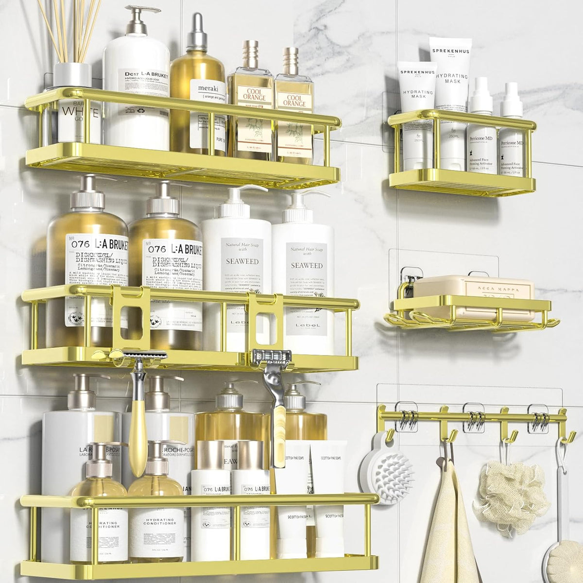 YASONIC Shower Caddy, 6 Pack Large Capacity Bath Organizer with Soap Holder and 12 Hooks, Rustproof Shower Shelves for Inside Shower, No Drilling&Sleek Bathroom Organizers and Storage Gold