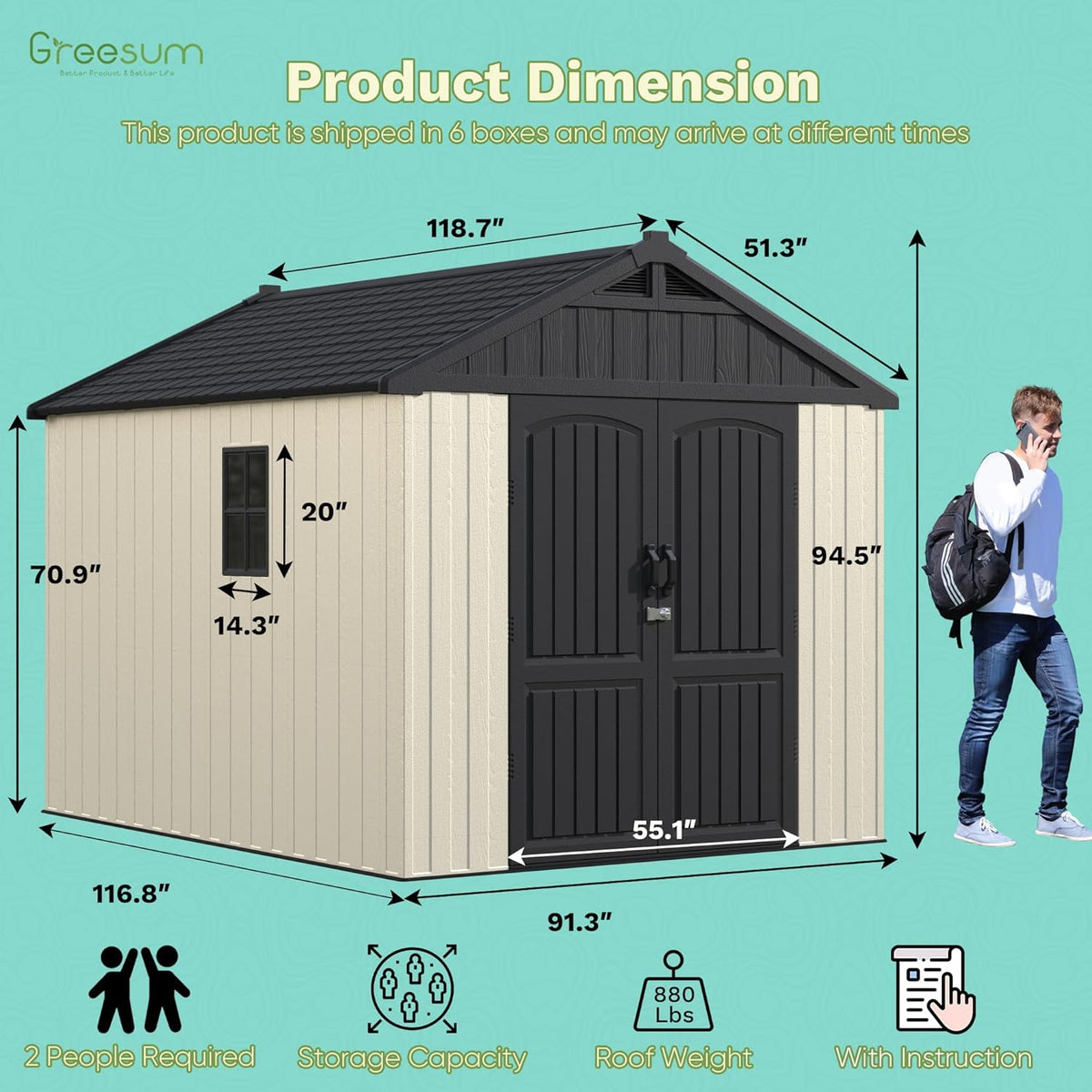 Greesum 8×10 FT Plastic Outdoor Storage Shed with Floor, Resin Sheds with Lockable Door and Window, Weather Resistant Organization for Garden, Lawn, Pool Supplies, Beige