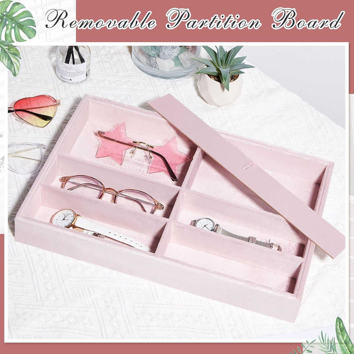 Amylove 2 Pcs Sunglass Organizer Trays Glasses Stackable Jewelry Trays Sunglass Organizer Display Box(8 Grids,Pink)