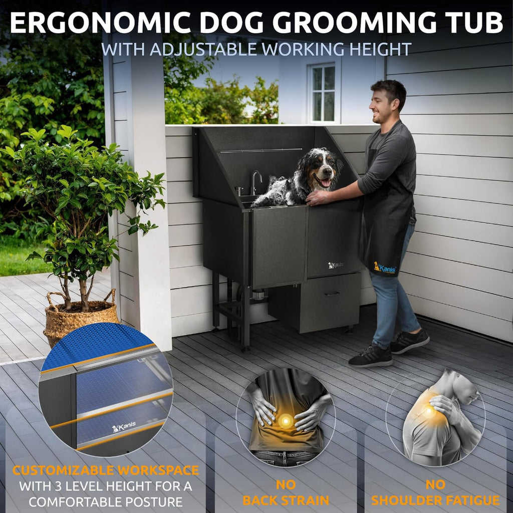 KANIS Black Line Professional Dog Washing Station - 304 Stainless Steel Pet Wash Sink & Grooming Bathtub w/Shower, Floor Grates and Storage for Large, Medium & Small Pets (40", 1 Drawer - Left Ramp)