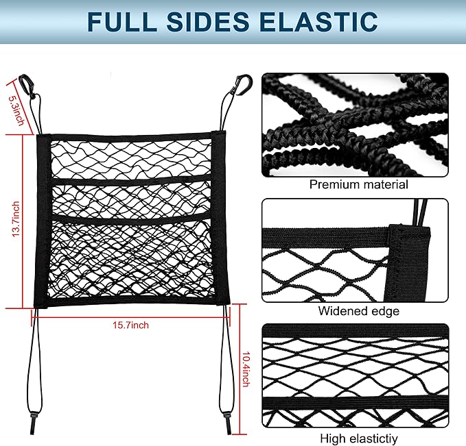 3-Layer Car Mesh Organizer Storage Bag Between Front Seats Kid Dog Pet Net Barrier Car Net Pocket Elastic Tissue Purse Holder Netting Pouch for SUV, Truck, Van 15.7" x 13.7"