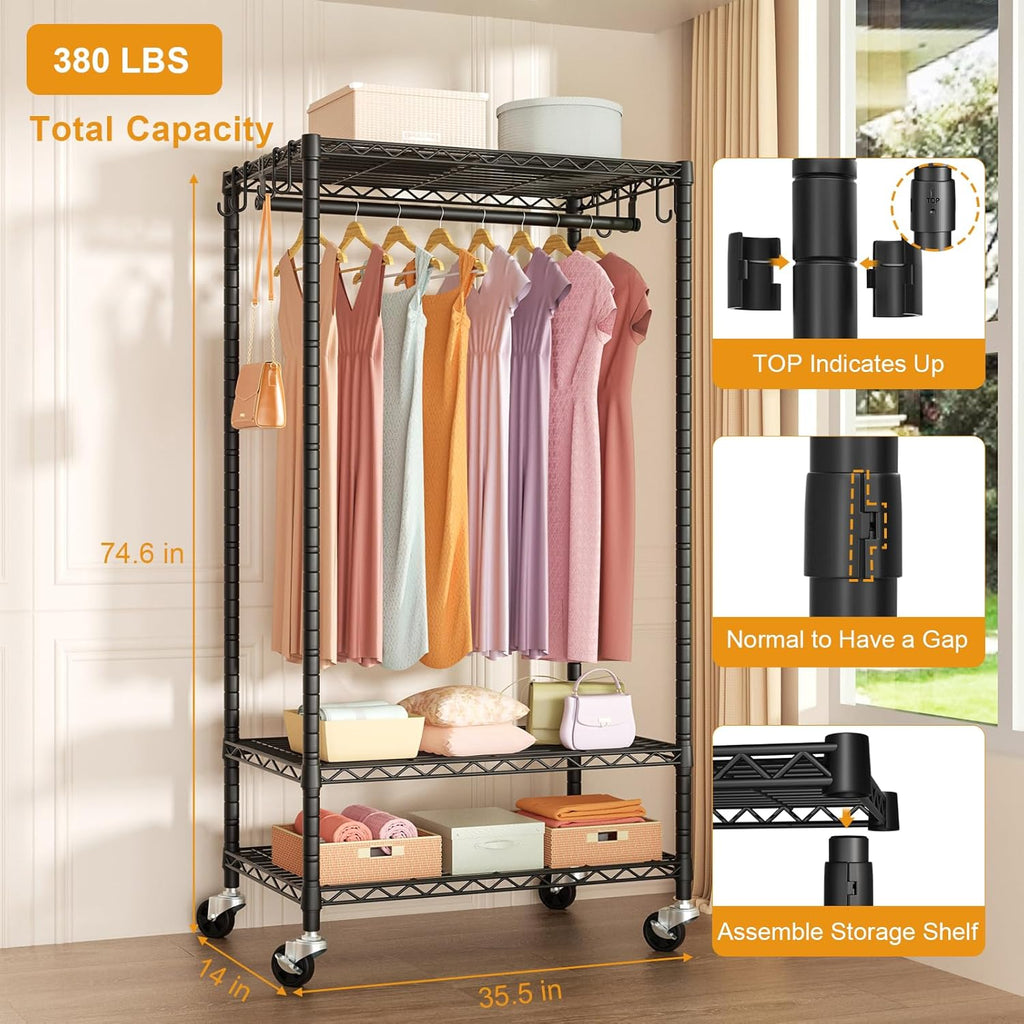 FUTASSI P6 Rolling Clothes Rack Heavy Duty, Clothing Racks for Hanging Clothes, Freestanding Garment Rack with Wheels, Portable Closet Rack Max Load 380 LBS, 35.5'' W x 14'' D x 74.6'' H, Black