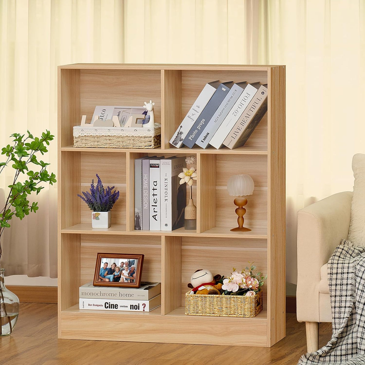 LEYAOYAO 7 Cube Bookshelf with Base,3 Tier Mid-Century Modern Natural Bookcase,Standing Wide Bookshelves Storage Organizer Shelf,Rustic Wood Display Cabinet Book Shelves for Bedroom,Living Room,Office