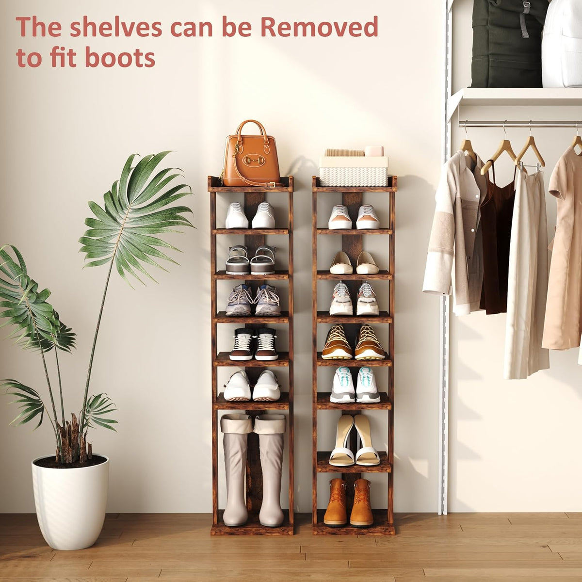 HOMEFORT 7-Tier Wood Shoe Rack, Entryway Shoe Tower,Vertical Shoe Organizer, Wooden Shoe Storage Stand, Rustic Brown
