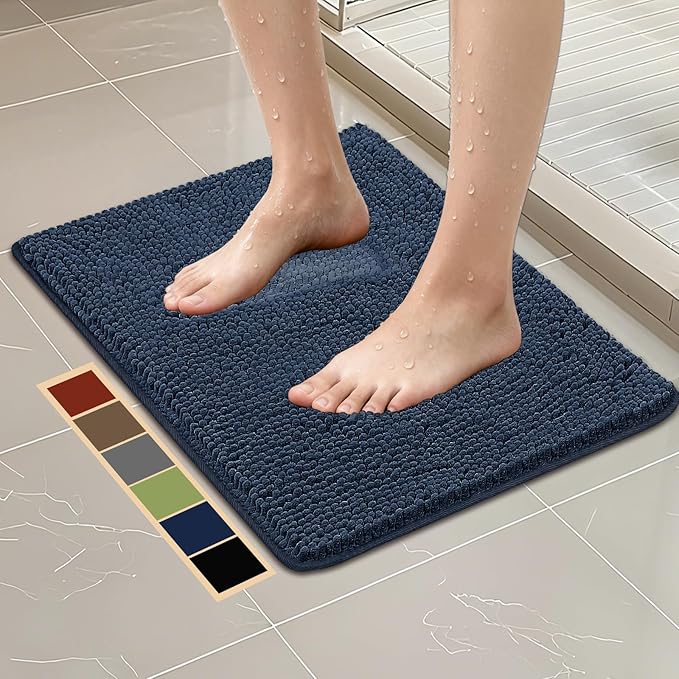 Bcoimo 24"×17" Absorbent Bath Mat, Non-Slip with Backing Chenille Bath Rug and Machine Washable Bathroom Mat Quick-Dry Design. Ideal for Bathroom and Tub Areas