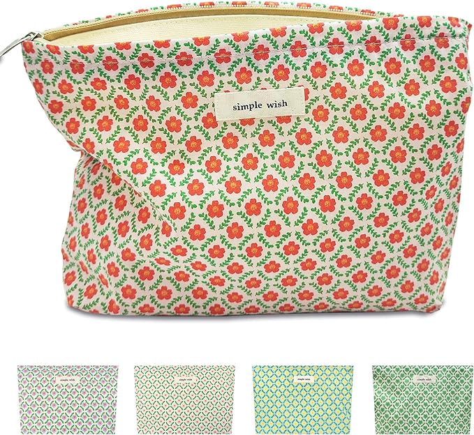 STARDW Aesthetic Floral Makeup Bag Cute Small Cosmetic Bags for Women Girls, Travel Toiletry Bag Large Capacity Zipper Makeup Pouch, Purse Organizer Pouches (Red Floral)