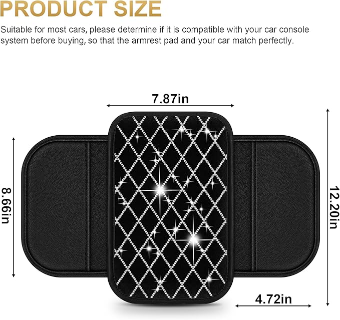 Center Console Cover Fit for RLX: Upgraded Bling Diamond Car Armrest Cover - Crystal Rhinestone Car Center Console Cover with 2 Storage Bags,Anti-Scratch Auto Armrest Pad Accessory （Black