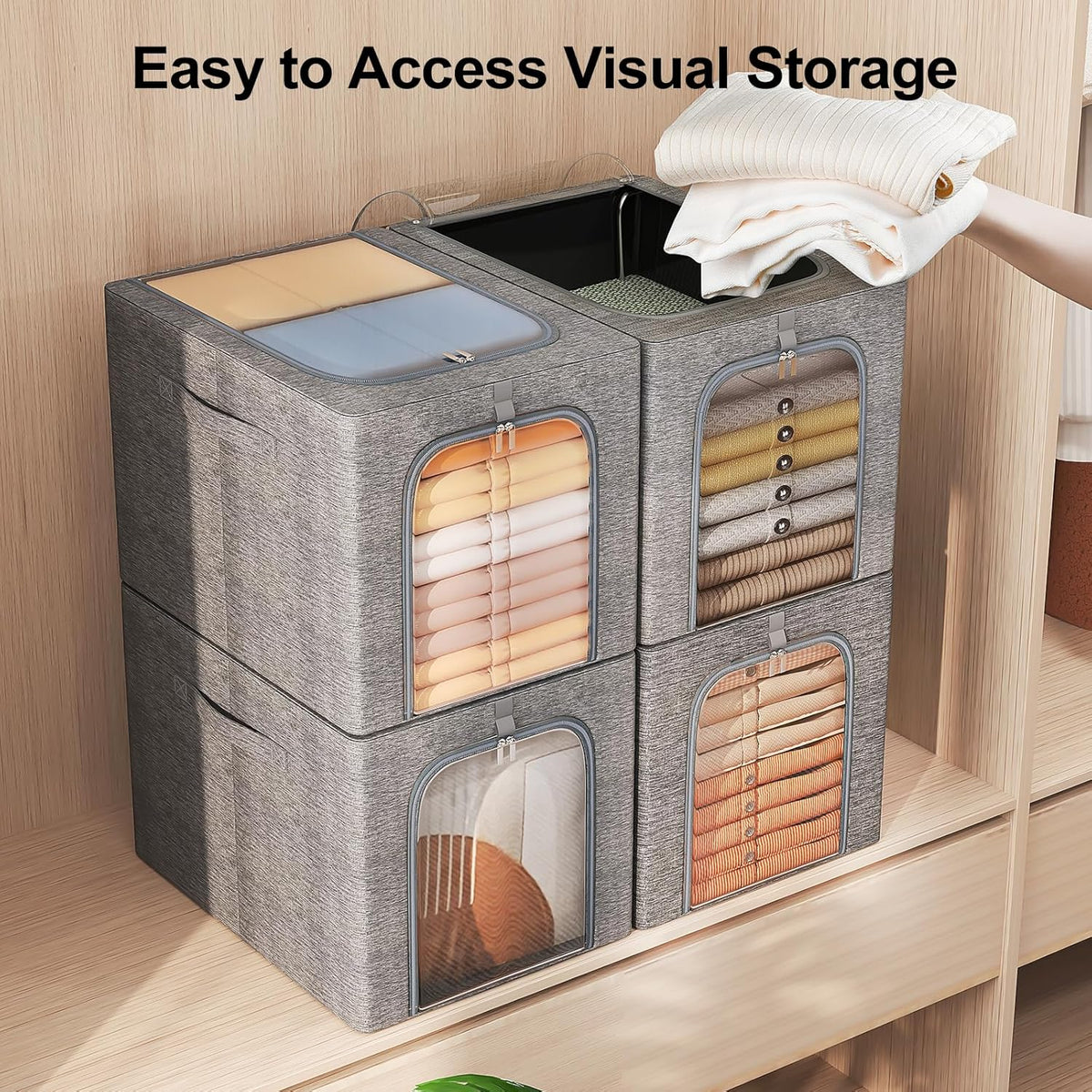 GoMaihe Clothes Storage Bin with Metal Frame: 6-Pack Stackable Closet Storage Bin with Lid & Clear Window, Sweater Boxes Storage for Closet Bedding Clothing Storage Organizer 40L