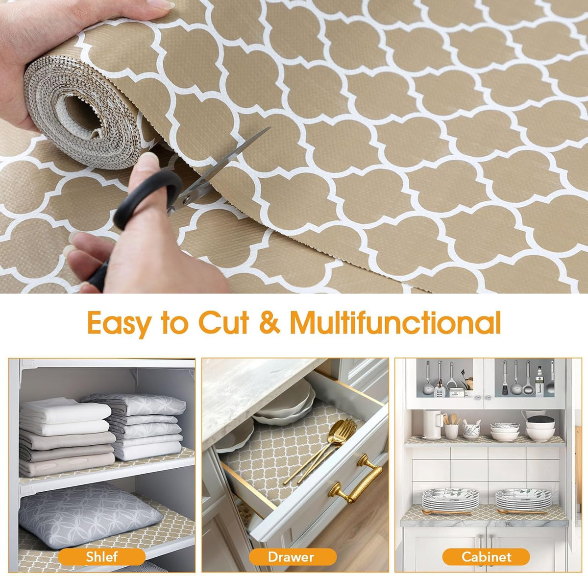 Shelf and Drawer Liner for Kitchen Cabinets Non-Adhesive, Strong Grip Non-Slip Thickened Cabinet Liners for Shelves, Waterproof Mats for Dresser Cupboard, Beige, 17 in x 30 Feet