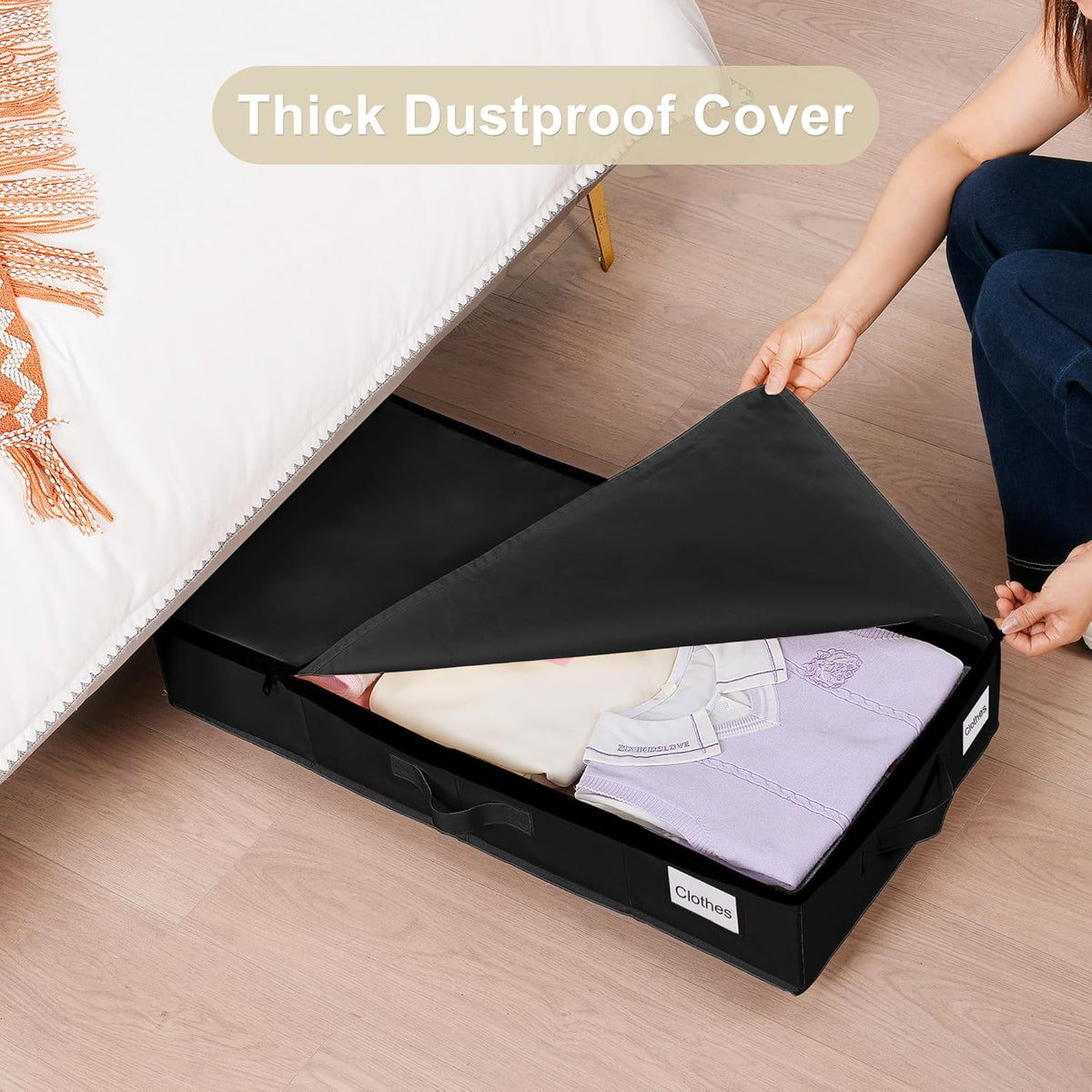 Under Bed Storage with Wheels, 2 Pack Under Bed Storage Containers with Label Holders for Clothes, Shoes and Blankets, Rolling Underbed Shoe Organizer with Cover, Black (30.71x15.7x7.28 in)
