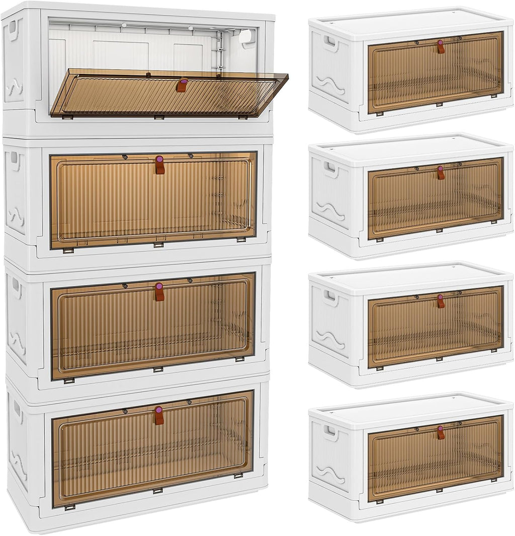 4 Tier Storage Bins with Lids 102QT - Stackable Containers with Wheels, Folding Boxes, Set of 25