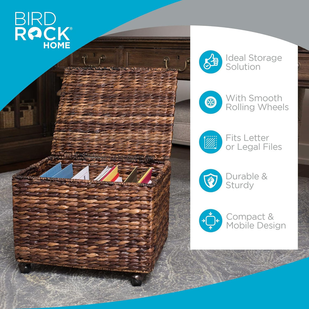 BIRDROCK HOME Seagrass Rolling File Cabinet - Storage Organizer Box with Lid - Home Office Decor - Decorative Organize - Letter Legal Hanging Filing Container - Strong Durable Toy Pillow - Espresso