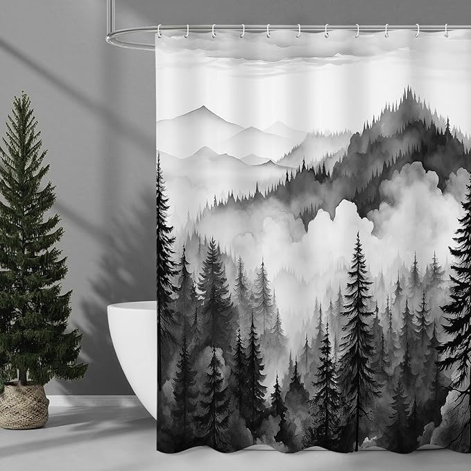 Litabel Black Extra Long Misty Pine Forest Shower Curtain 72 x 84, XL Mountain Foggy Woodland Scenery Tree Shower Curtains for Bathroom, Abstract Waterproof Nature-Themed Decor