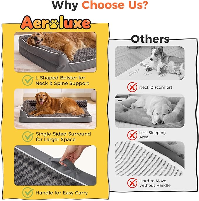 Aeroluxe Dog Bed Large Sized Dogs, Orthopedic Dog Bed for Large Dogs, Waterproof Pet Bed with Washable Removable Cover, L-Shaped Pet Couch with Portable Handle 36"x27"x6.5", Dark Grey