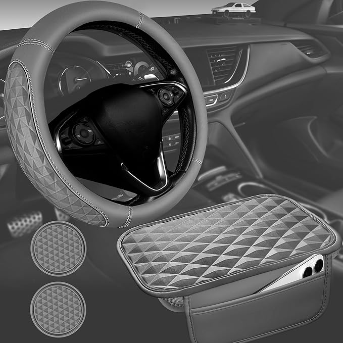 CAR PASS 3D Rhombus Memory Foam Leather Steering Wheel Cover Set, Comfortable Center Console Armrest Cushion Cover with Storage Bags Non-Slip Cup Coasters, 14.5-15in Car Interior Sets, 4 PCS All Gray