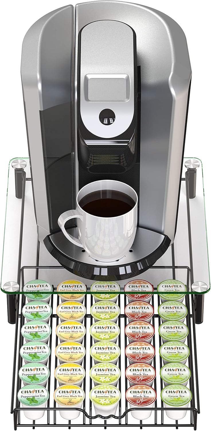 Deco Brothers Crystal Tempered Glass K-Cup Holder Drawer for 30 Coffee Pods Storage, Black