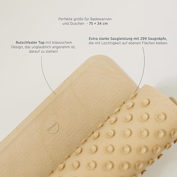 HEVEA Natural Rubber Big Bath Mat - Upcycled, Danish Design - Non Slip Bathtub Mat, 299 Suction Cups - Safe and Friendly Shower Mat for All Ages (Sand)