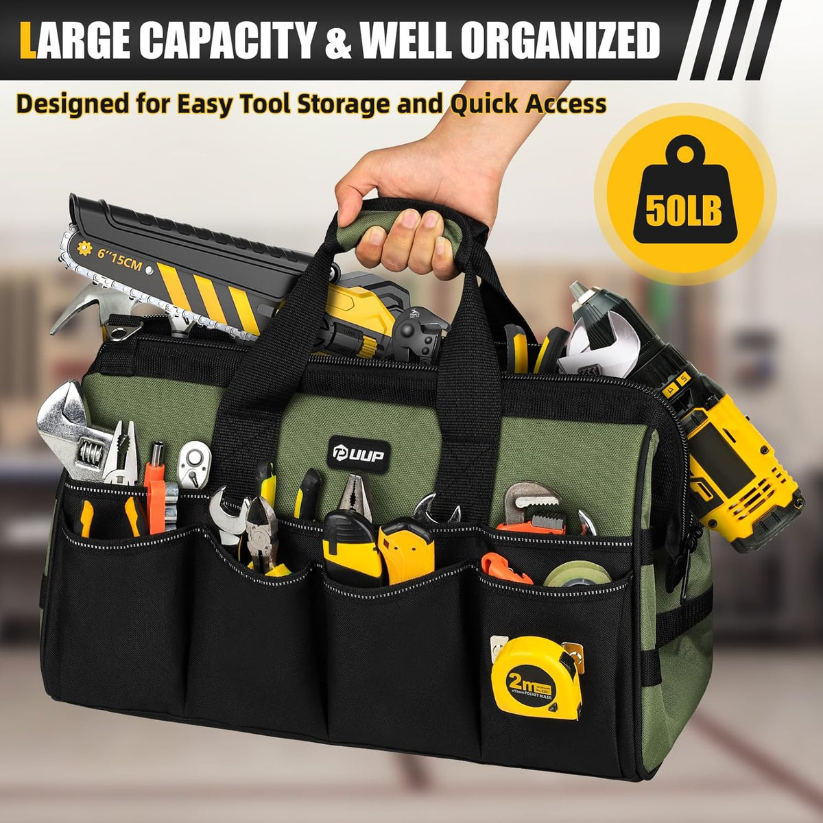 18-Inch Large Tool Bag, 16-Pocket Portable Tool Box Organizer Storage, Heavy Duty Tactical Toolbag with Big Zipper, Travel Carry Toolbox, Father Day Dad Men Electrician Contractor Welding Gift