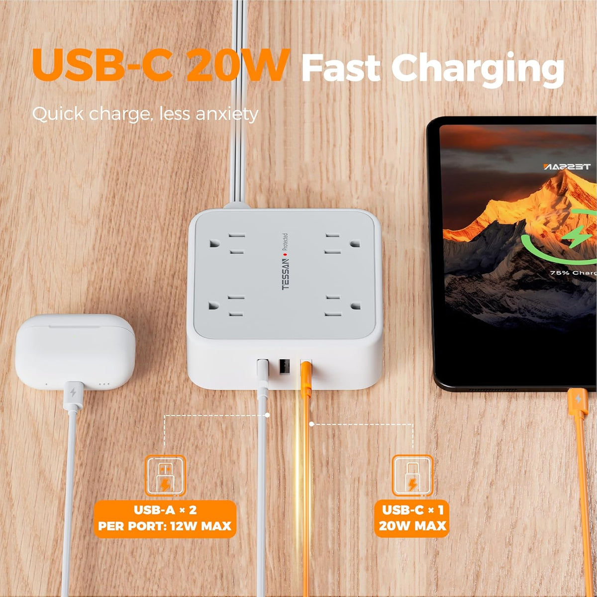 Surge Protector Power Strip, TESSAN 5 Ft Flat Plug Extension Cord with Multiple Outlets, 3 USB (1 USB C PD 20W), 8 Outlets, 900J Surge Protection, for Home, Office, Dorm Room Essentials, 1250W