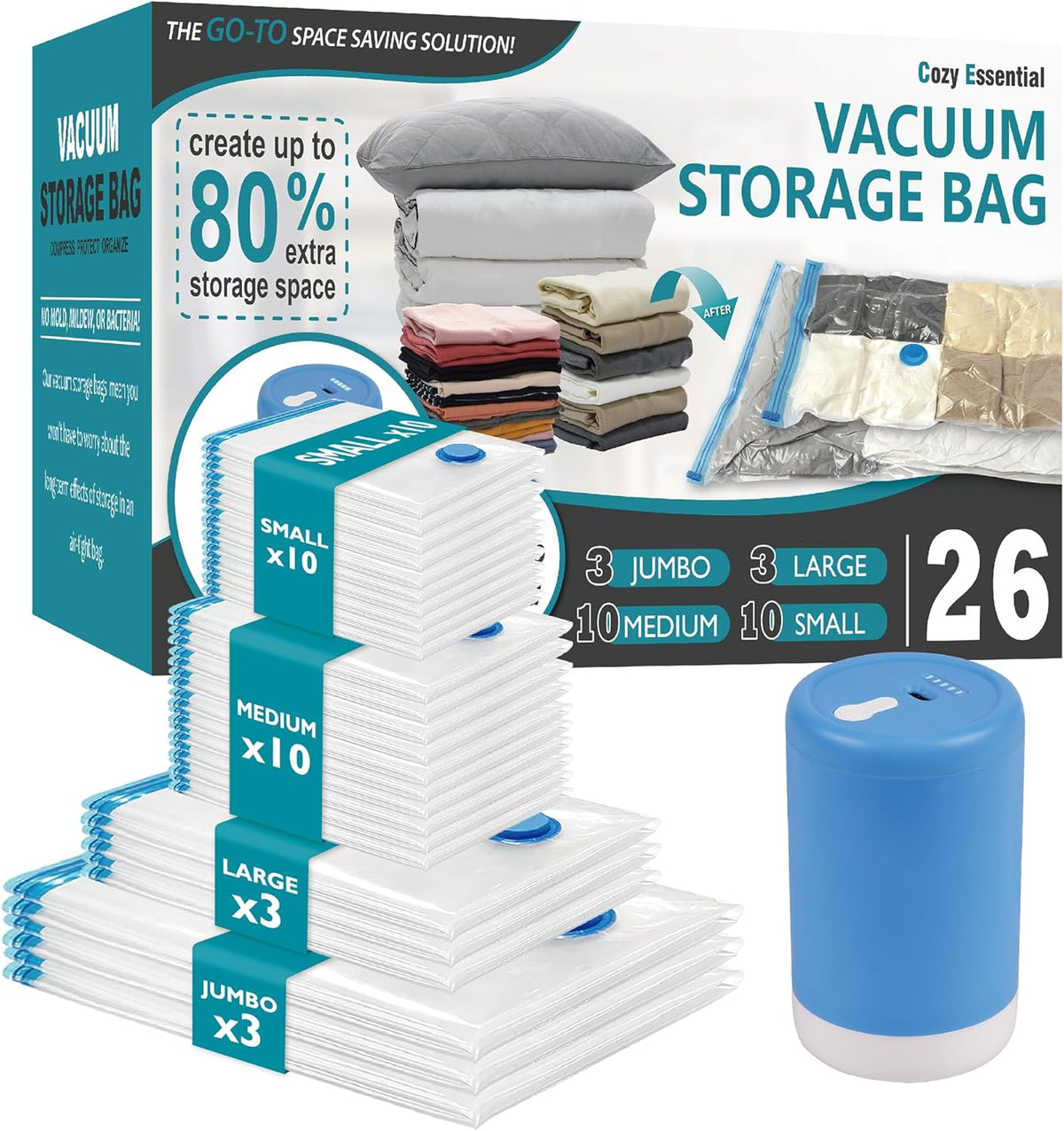 26 Pack Vacuum Storage Bags with Portable Rechargeable Wireless Electric Pump, Vacuum Seal Space Saver Bags for Clothing, Pillows, Blanket, Bedding, Comforters