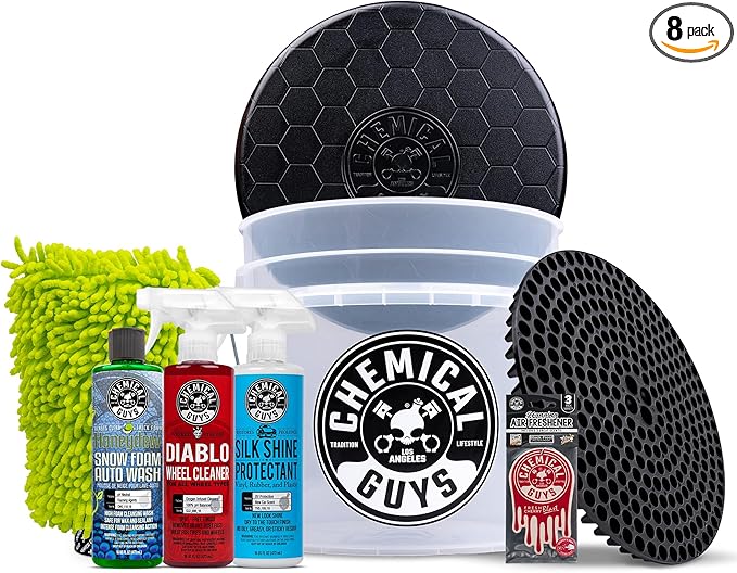Chemical Guys 8-Piece Arsenal Builder Car Wash Kit - Includes Bucket, Dirt Trap, Lid, Wash Mitt, Air Fresheners & (3) 16 oz Car Care Chemicals, Complete Cleaning Kit for Trucks, SUVs & More