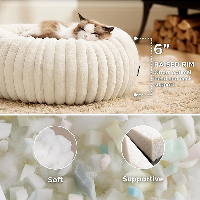 Bedsure Cat beds for Indoor Cats - Donut Dog Beds for Small Dogs with Corduroy Fleece & Anti Slip Bottom, Faux Fur Pet Beds with Washable Removable Cover, Cream, 20x20x6 inches