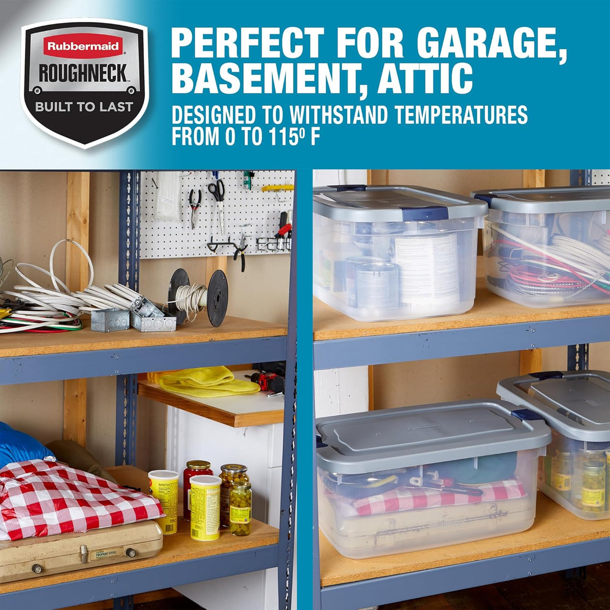 Rubbermaid Roughneck Clear 50 Qt/12 Gal Storage Containers, Pack of 5 with Latching Grey Lids, Visible Base, Sturdy and Stackable, Great for Storage and Organization