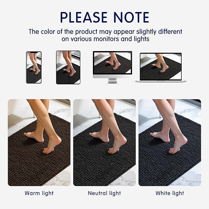 SUBRTEX Bathroom Rugs, 20" x 32" Chenille Bath Rug Soft Short Plush Bath Mat Soft Shower Mat Water Absorbent Shower Mat Quick Dry Machine Washable, Black